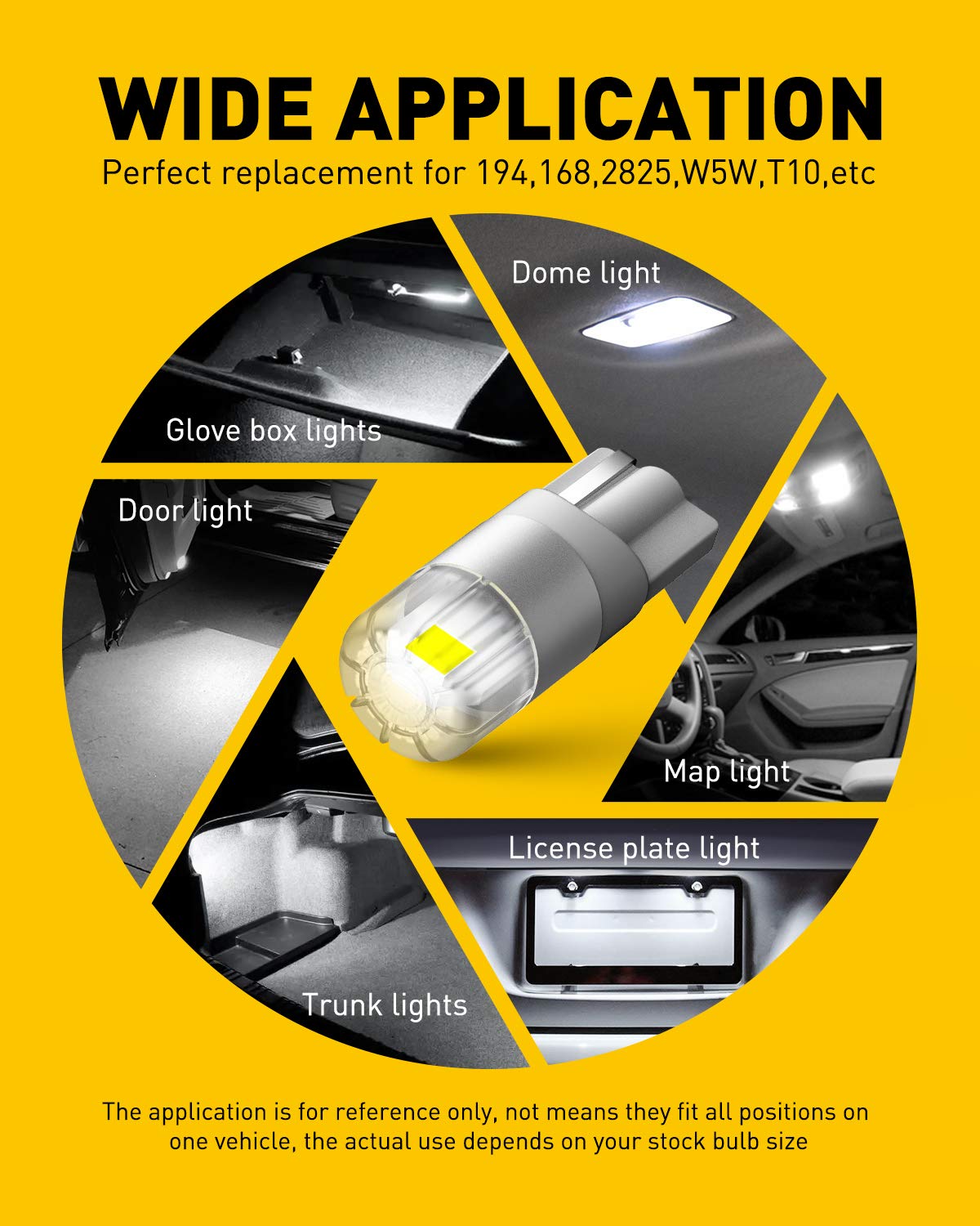 AUXITO 194 LED Bulb 6000K White 168 2825 W5W T10 Wedge 14-SMD Interior Car Bulbs Replacement for Dome Map Door Courtesy Trunk License Plate Parking Lights, 10 PCS