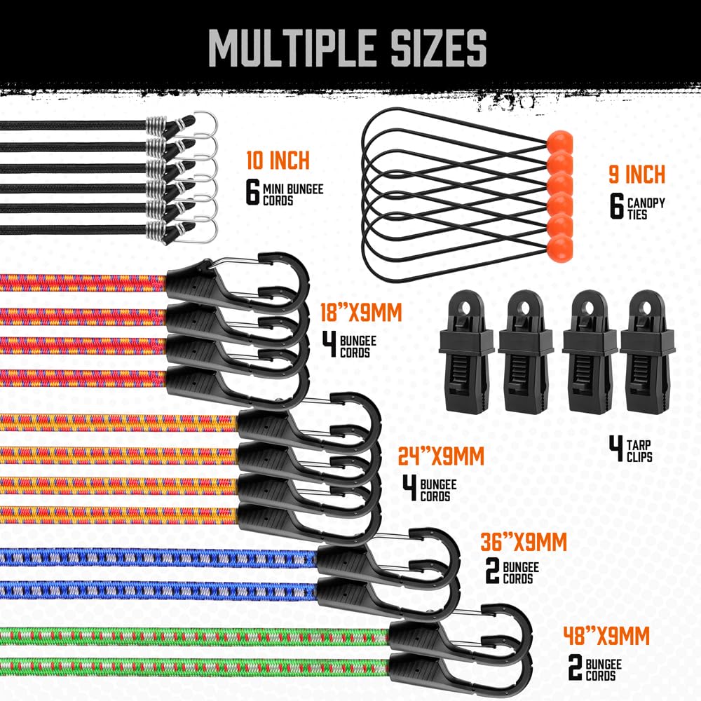 HORUSDY 31-Piece Premium Bungee Cords Assortment Jar, Includes 10”,18”,24”,32”,40” Bungee Cords, 6“ Zip Ties, 8”Canopy/Tarp Ball Ties and Crocodile Mouth Tarp Clips