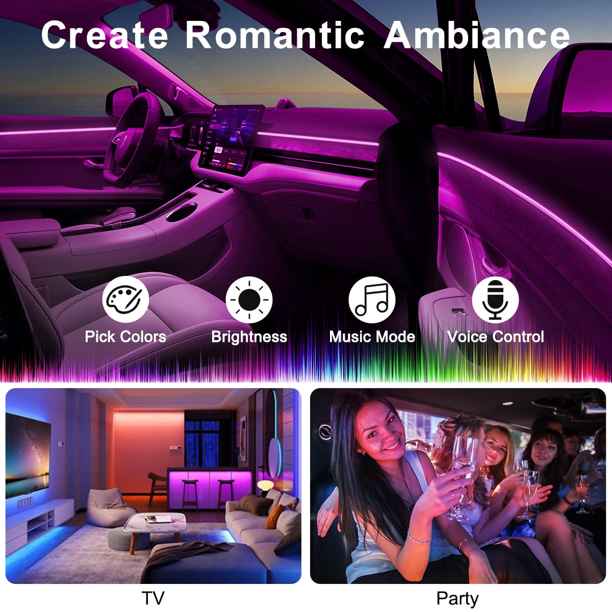 Interior Car LED Strip Lights APP Control, 5 in 1 RGB Ambient Lighting Kit