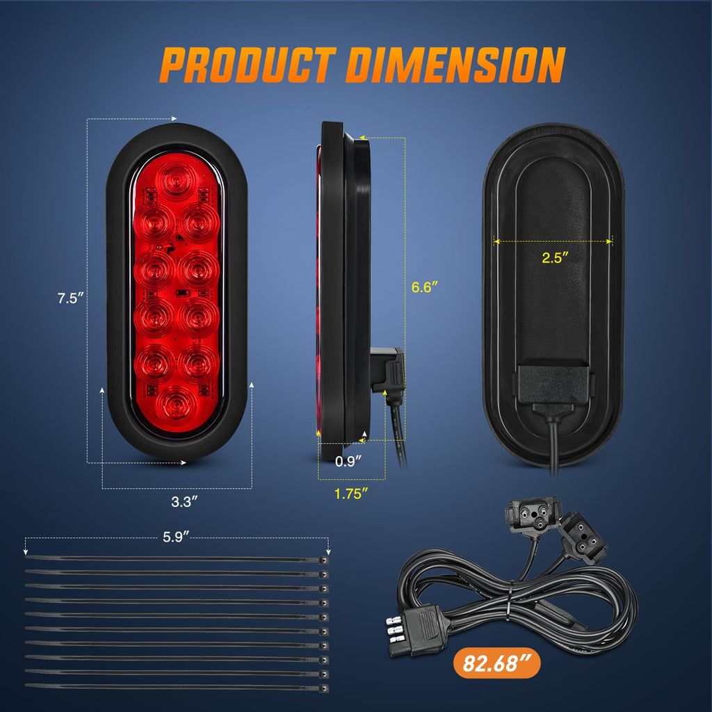 Nilight 6" Oval LED Trailer Tail Lights,Red, 2 Pack, Grommets Mount
