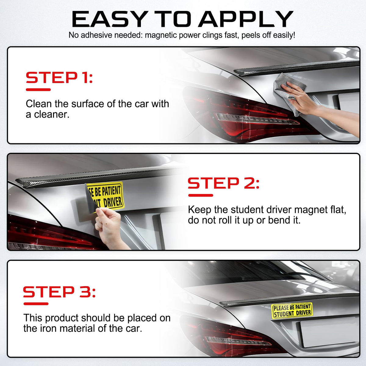 JUSTTOP 3pcs Student Driver Magnet for Car, Please Be Patient Student Driver, New Drivers Sticker Safety Warning, Magnetic Reflective Rookie Driver Bumper Sticker (Black&Red)