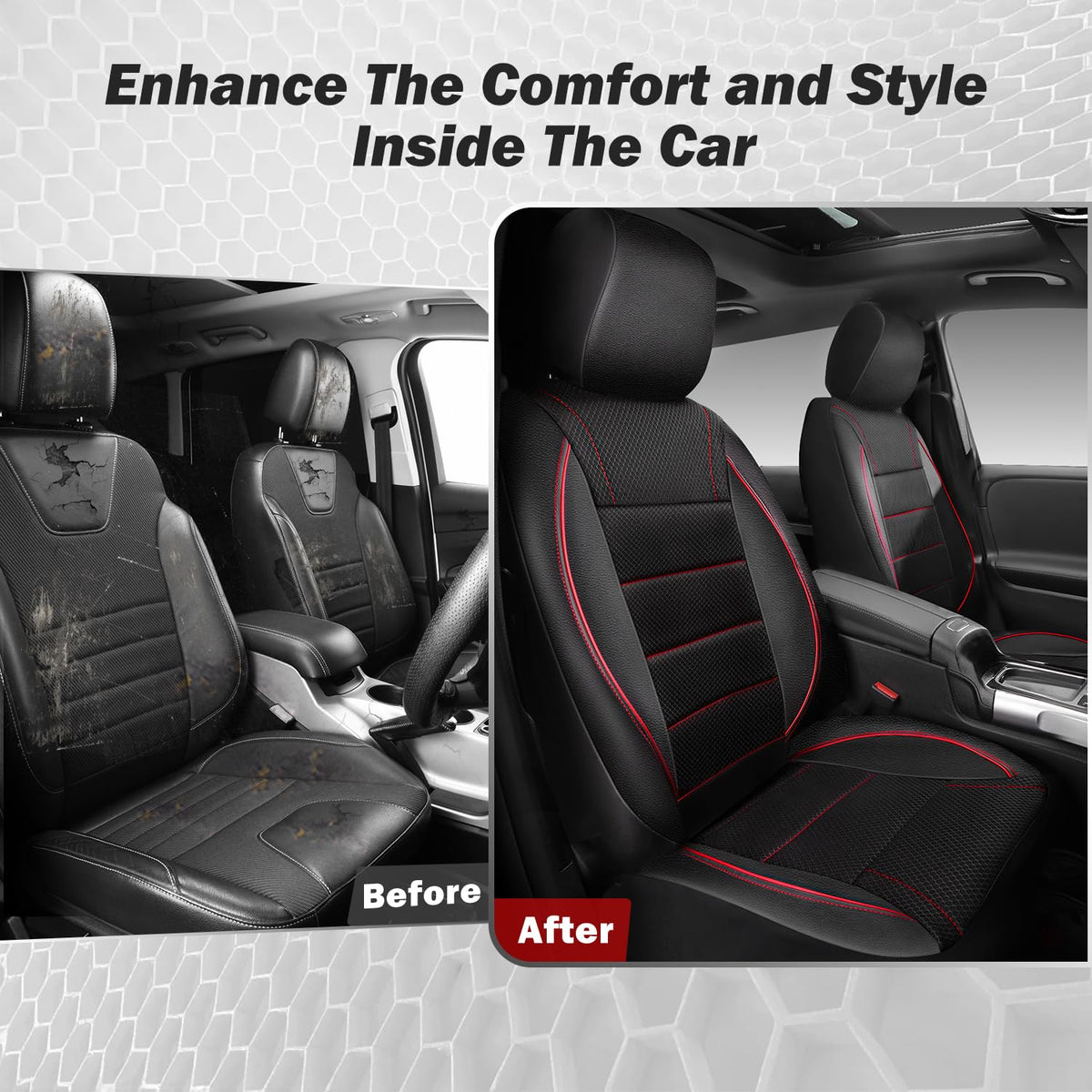CAR PASS Universal FIT Piping Leather Two Front Seat Covers, Waterproof Faux Leather for SUV Sedan Van Truck, Airbag Compatible,Reserved Opening Holes for Headrest Covers. (Black red)