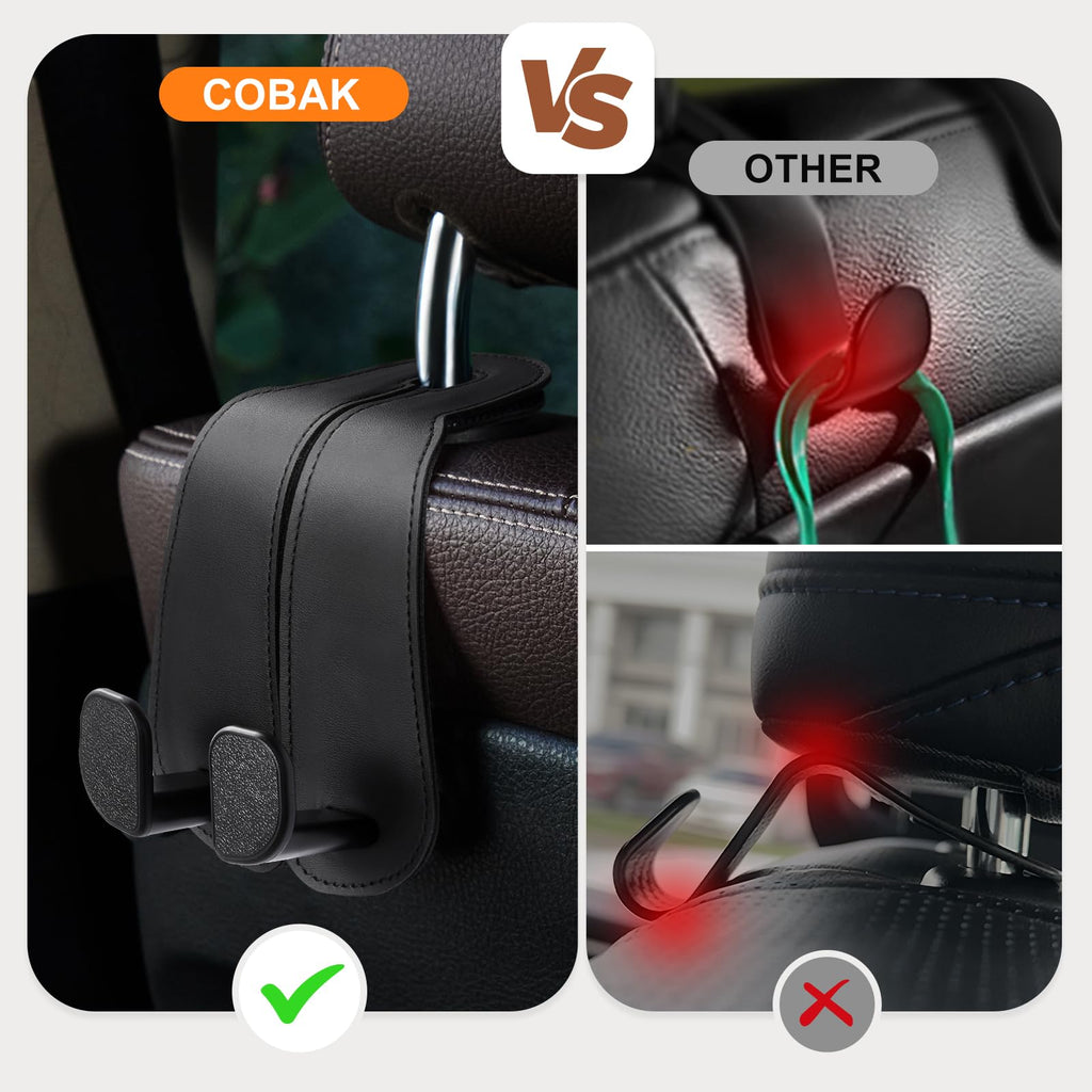 CoBak Purse Hook for Car - Universal Premium Stitched Leather and Aluminum-Magnesium Alloy Double Car Seat Back Storage Hook for Purses, Handbags, Bags (2 Pack),Black
