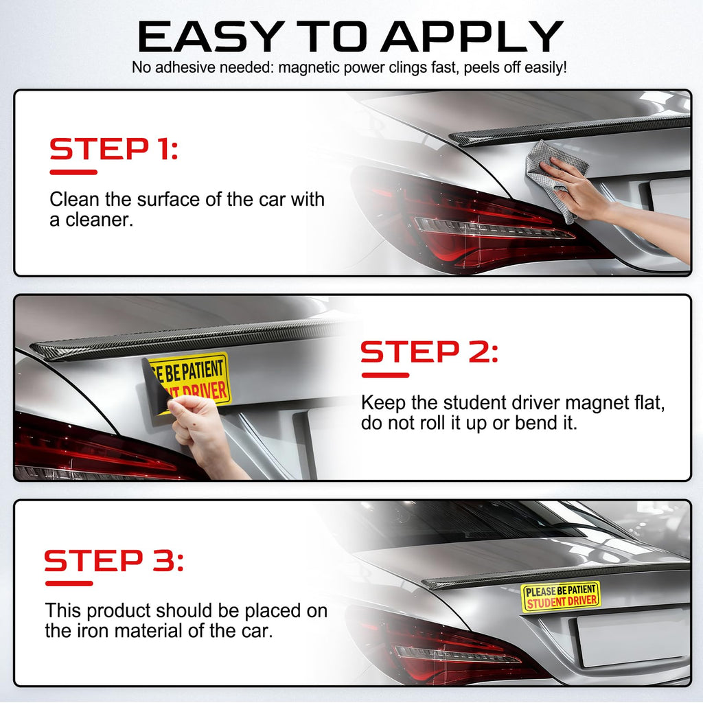 JUSTTOP 3pcs Student Driver Magnet for Car, Please Be Patient Student Driver, New Drivers Sticker Safety Warning, Magnetic Reflective Rookie Driver Bumper Sticker (Black&Red)