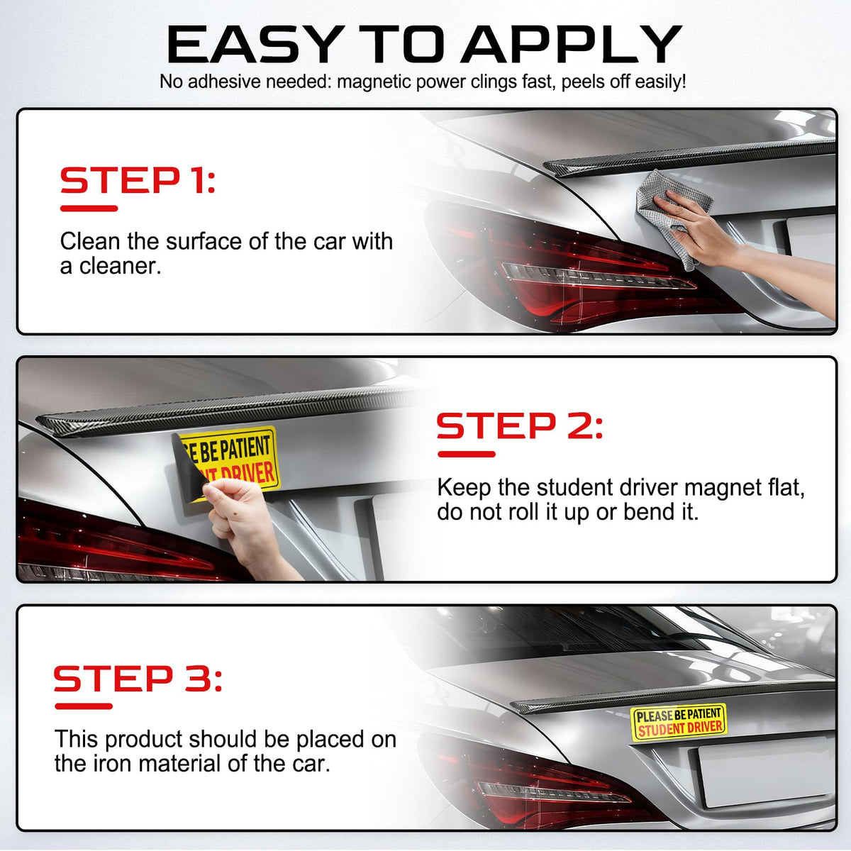 JUSTTOP 3pcs Student Driver Magnet for Car, Please Be Patient Student Driver, New Drivers Sticker Safety Warning, Magnetic Reflective Rookie Driver Bumper Sticker (Black&Red)