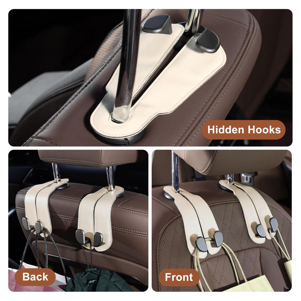 CoBak Purse Hook for Car - Universal Premium Stitched Leather and Aluminum-Magnesium Alloy Double Car Seat Back Storage Hook for Purses, Handbags, Bags (2 Pack),Black