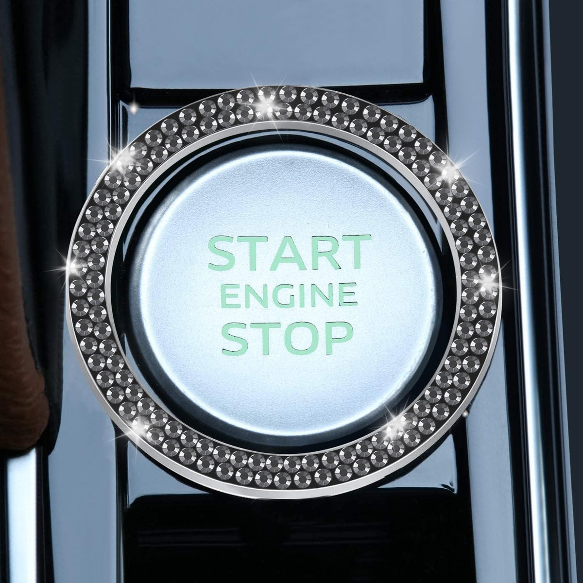 LivTee 2 PCS Crystal Double Rhinestone Car Engine Start Stop Decoration Ring, Bling Car Interior Accessories for Women, Push to Start Button Cover Sticker, Automotive Decals, White