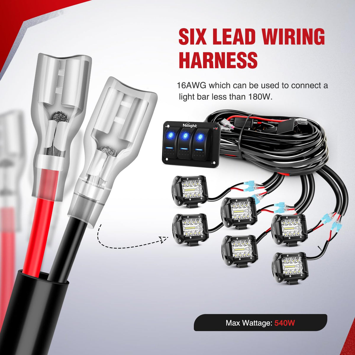 Nilight - NI -WA 06 LED Light Bar Wiring Harness Kit - 2 Leads 12V On Off Switch Power Relay Blade Fuse for Off Road Lights LED Work Light, 2 Years Warranty