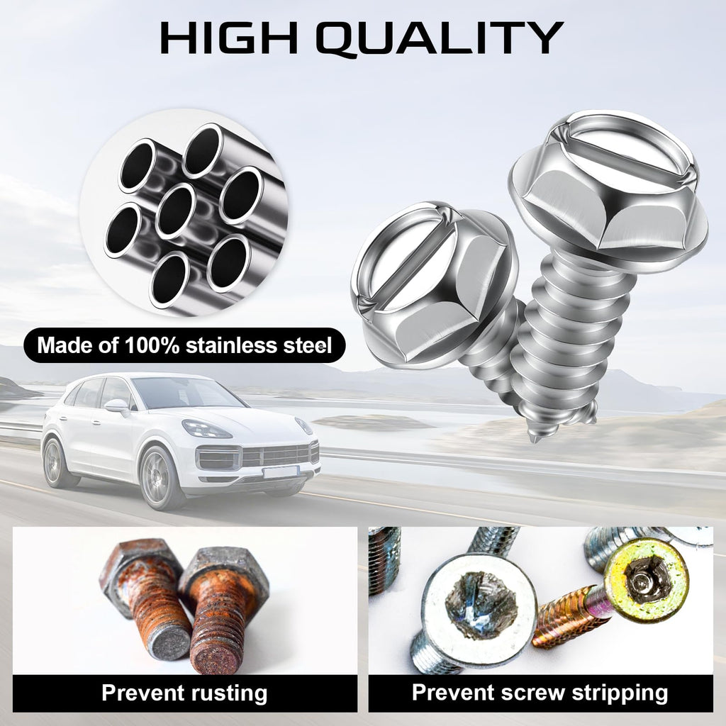 LivTee Rustproof License Plate Screws for Securing License Plates Frames and Covers on Cars and Trucks, 4 Sets Premium Stainless Steel Self Tapping Mounting Bolts (Black Zinc Plated)