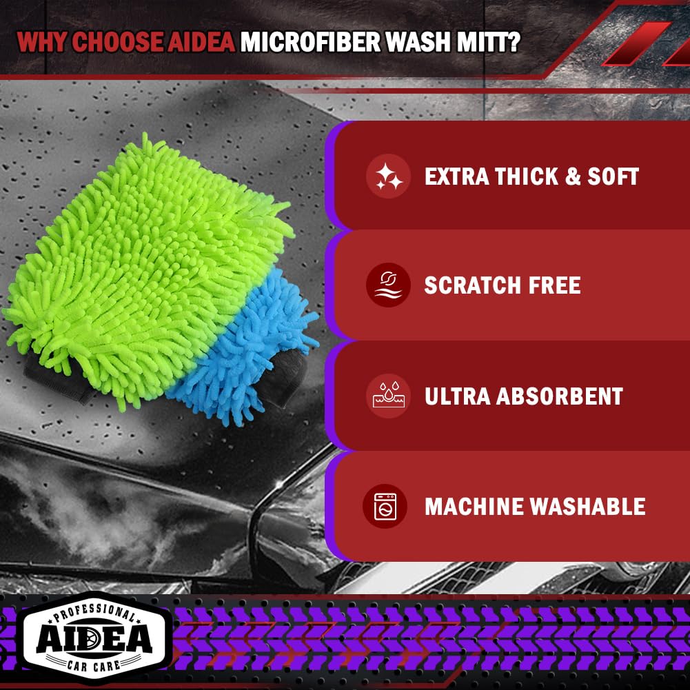 AIDEA Car Wash Mitt Microfiber-2PK, Car Wash Brush, Green, 7.12''X10.14''