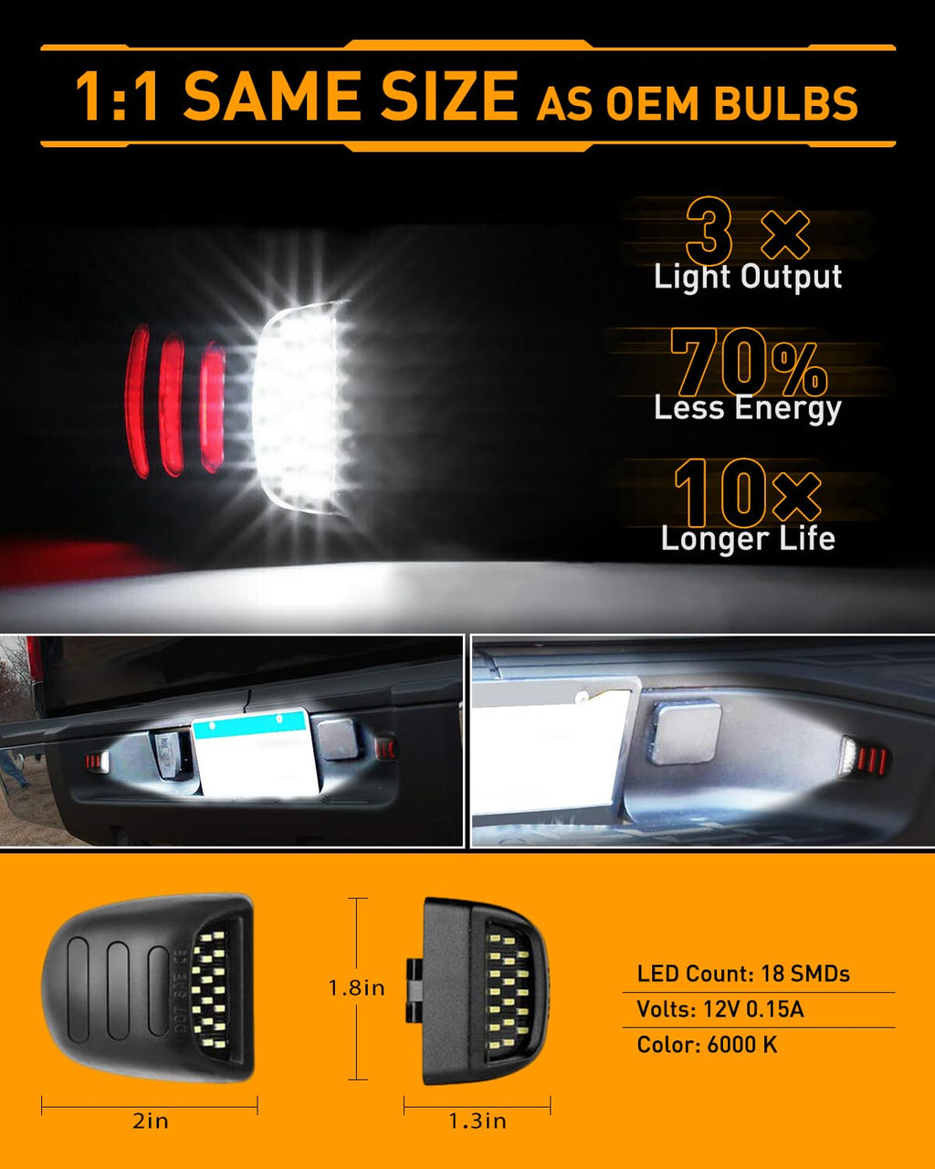 LESAUCE Full LED License Plate Light Tag Lamp Assembly Replacement for Chevy Silverado 1500 2500 3500 Suburban Tahoe GMC Sierra Yukon XL for Escalade, 6000K White, Pack of 2