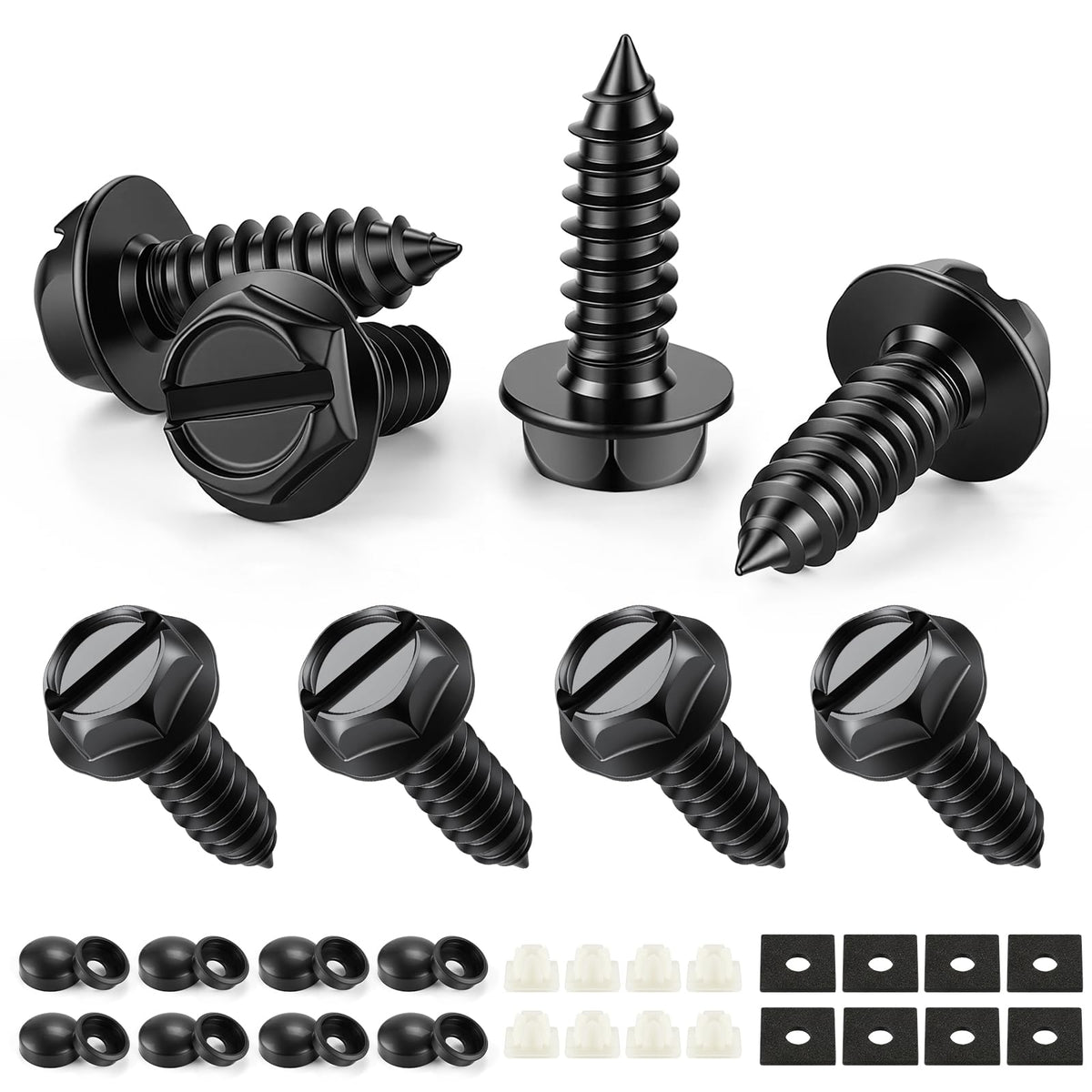 LivTee Rustproof License Plate Screws for Securing License Plates Frames and Covers on Cars and Trucks, 4 Sets Premium Stainless Steel Self Tapping Mounting Bolts (Black Zinc Plated)