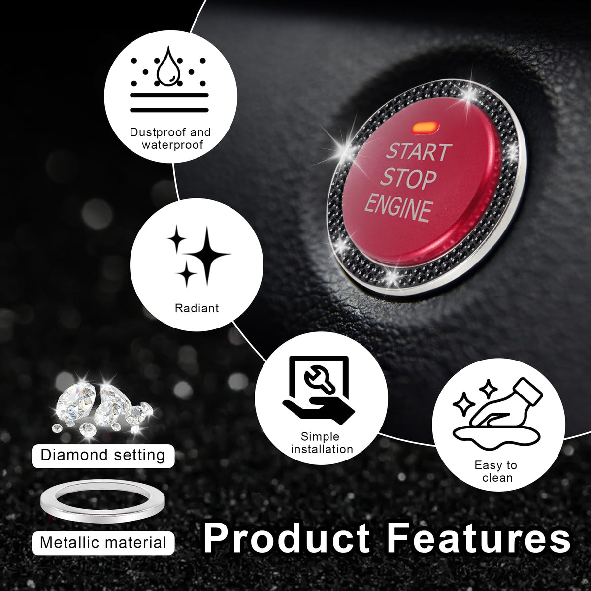LivTee 2 PCS Crystal Double Rhinestone Car Engine Start Stop Decoration Ring, Bling Car Interior Accessories for Women, Push to Start Button Cover Sticker, Automotive Decals, White
