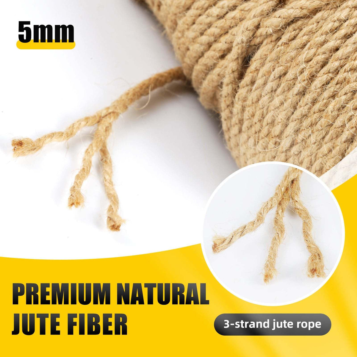 Natural Jute Twine, 8MM x 50FT Jute Rope Roll, Heavy Duty Thick Twine for Cat Scratching Post, Bundling, Gardening and DIY Crafts