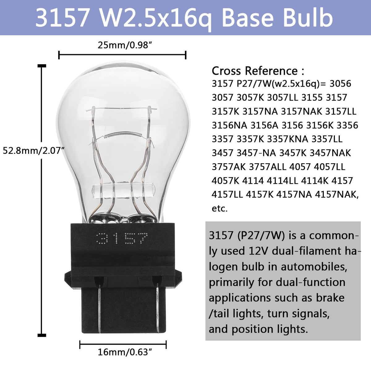 3157 4157 Bulb, 12V P27/7W Brake/Tail/Turn Signal/DRL Lights(White,2 Pack)