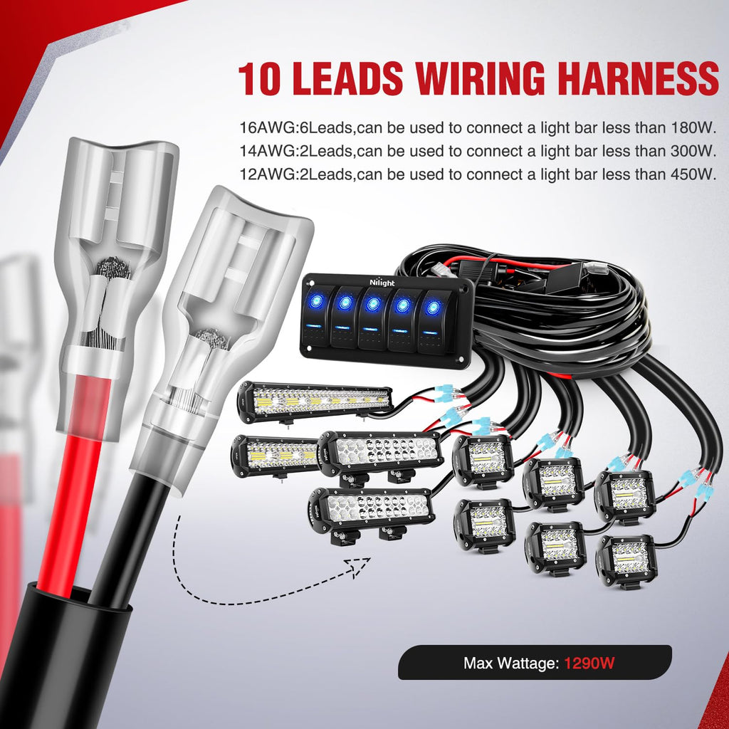 Nilight - NI -WA 06 LED Light Bar Wiring Harness Kit - 2 Leads 12V On Off Switch Power Relay Blade Fuse for Off Road Lights LED Work Light, 2 Years Warranty