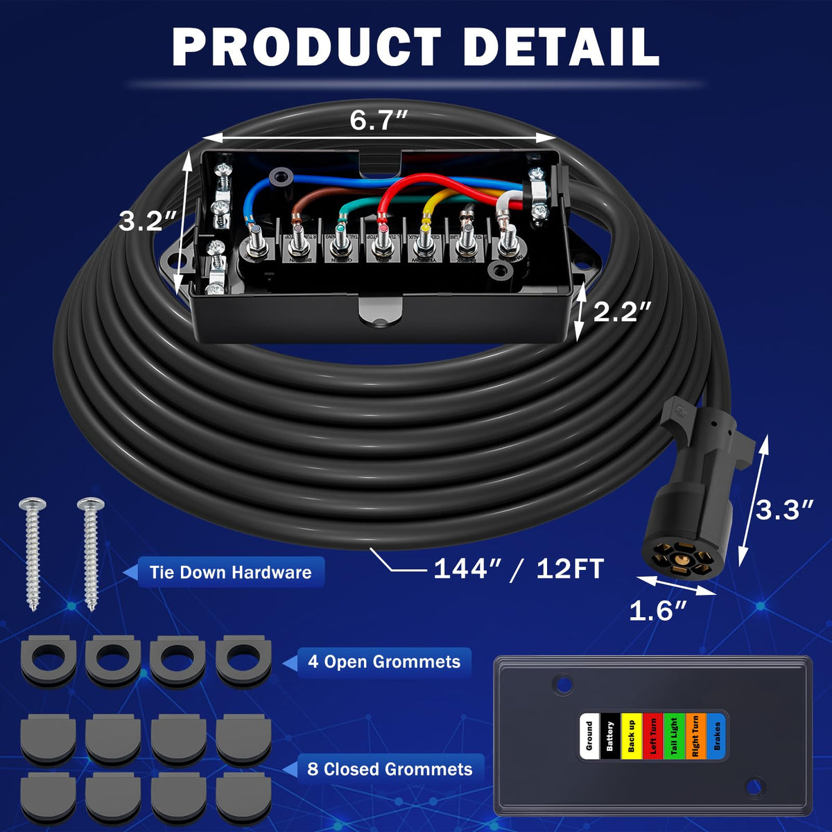 CheeMuii 8FT 7 Way Trailer Wiring Harness Kit & Junction Box 7 Trailer Cord