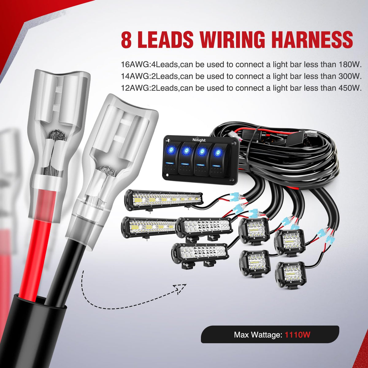 Nilight - NI -WA 06 LED Light Bar Wiring Harness Kit - 2 Leads 12V On Off Switch Power Relay Blade Fuse for Off Road Lights LED Work Light, 2 Years Warranty
