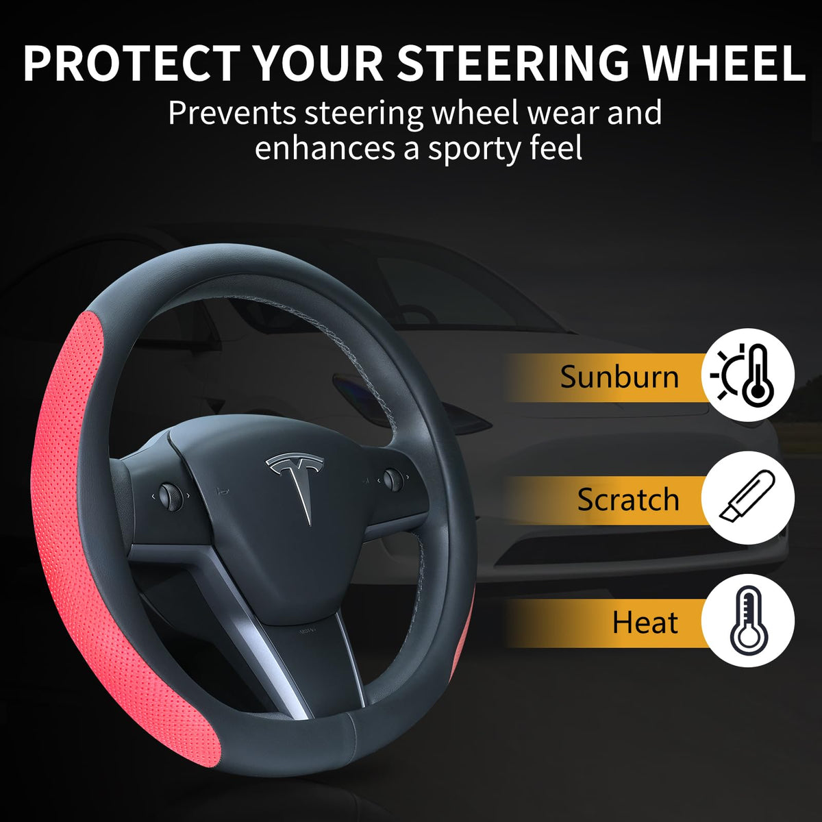 Uxcer Nappa Leather Steering Wheel Cover Compatible with Tesla Model 3/Y 2016-2025 2026 Juniper/Highland, Non-Slip Breathable Model 3/Y Steering Wheel Protector, Black