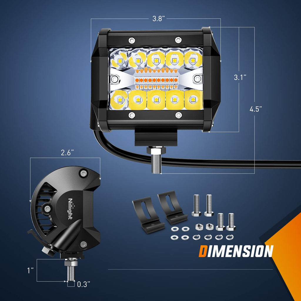 Nilight LED Light Bar 2PCS 60W 4 Inch Flood Spot Combo LED Work Light Pods Triple Row Work Driving Lamp with 12 ft Wiring Harness kit - 2 Leads
