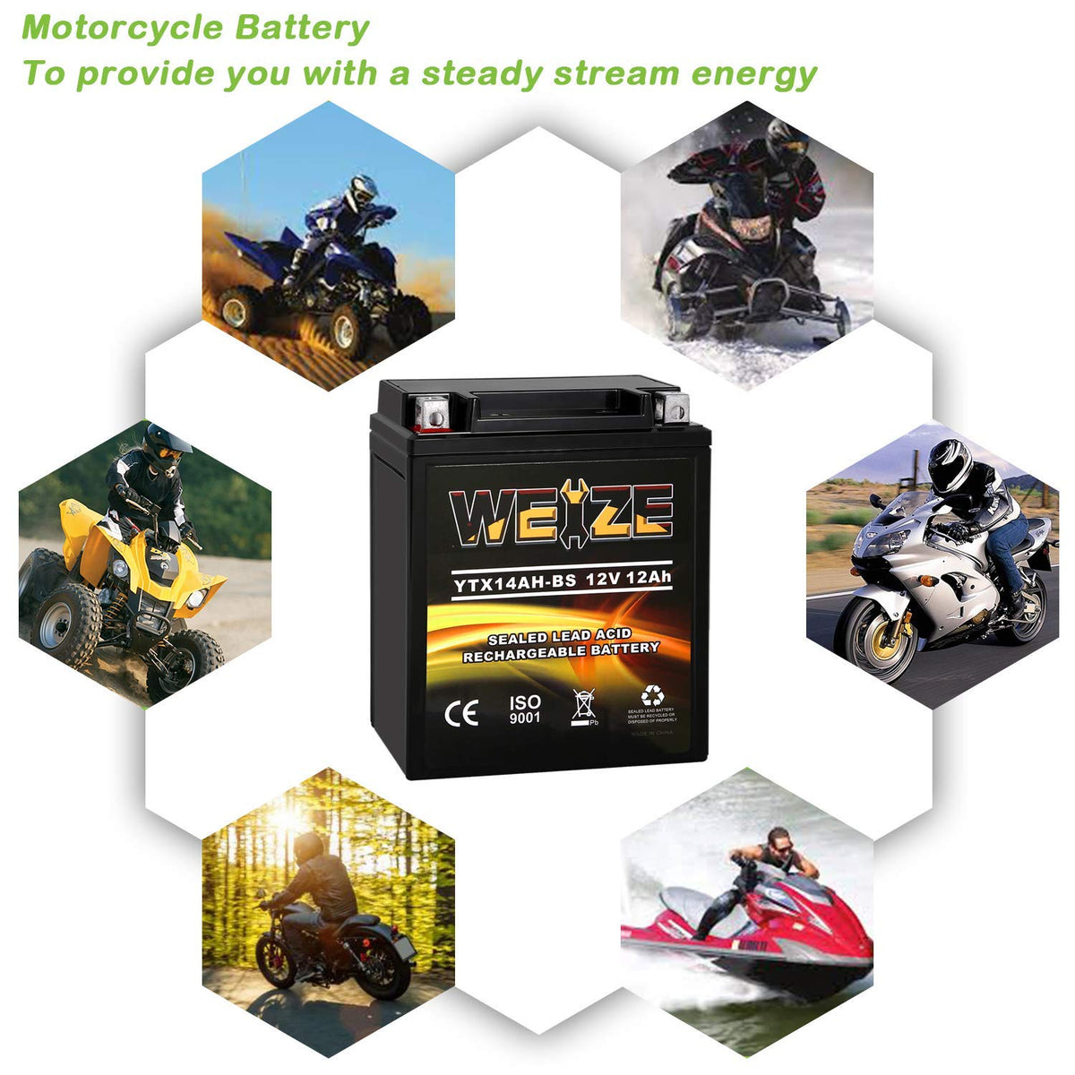 Weize YTX14 BS ATV Battery High Performance - Maintenance Free - Sealed AGM YTX14-BS Motorcycle Battery compatible with Honda Suzuki Kawasaki Yamaha scooter snowmobile