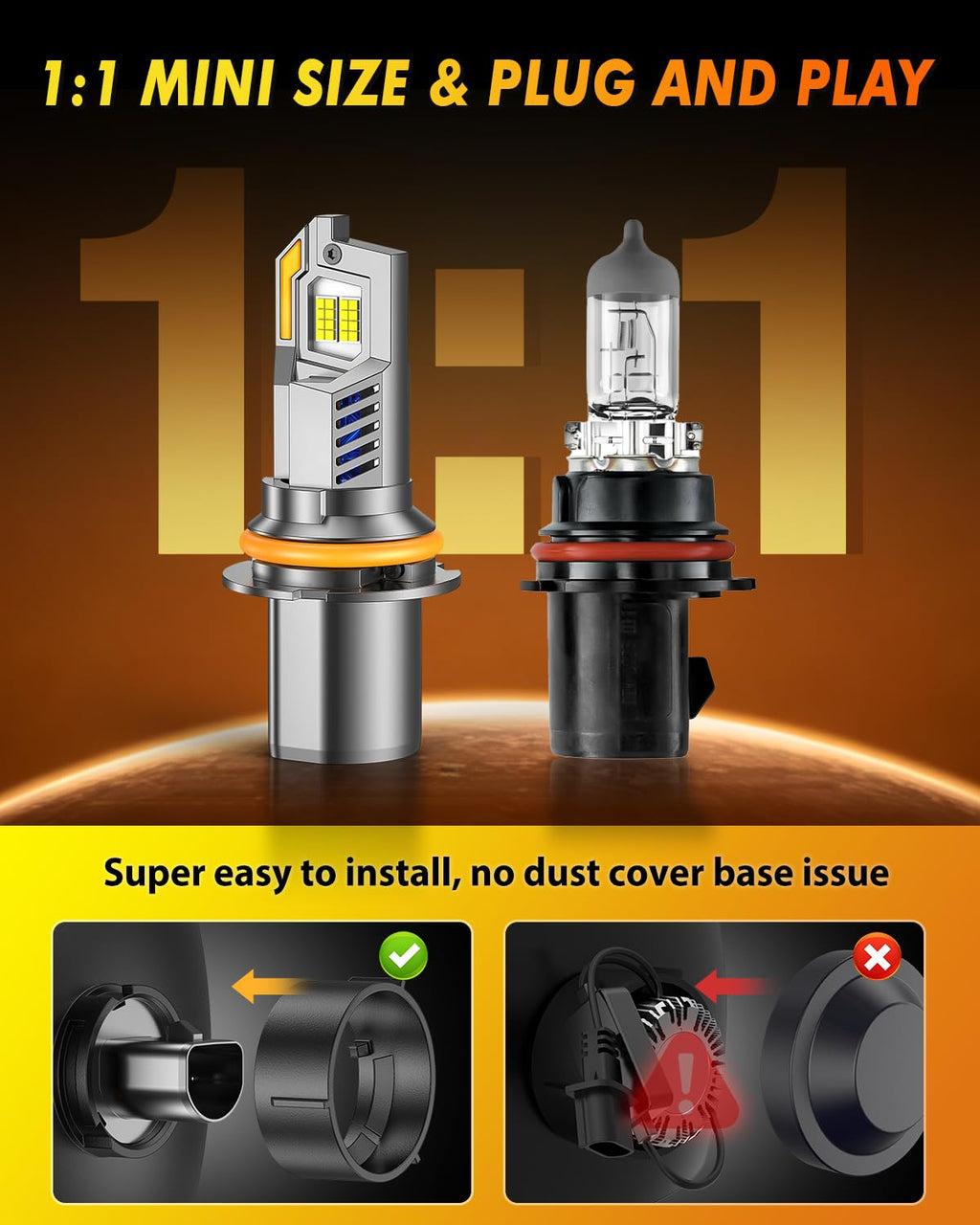 Termitor Latest 9007 LED Bulb Hi/Low Light, HB5 Halogen for HID Kits, 80,000 Lumens, 6500K Daylight White, No Adapter Required, 3-Min Easy Install, 75,000hrs+ Lifespan, IP68, 1:1 size, Pack of 2