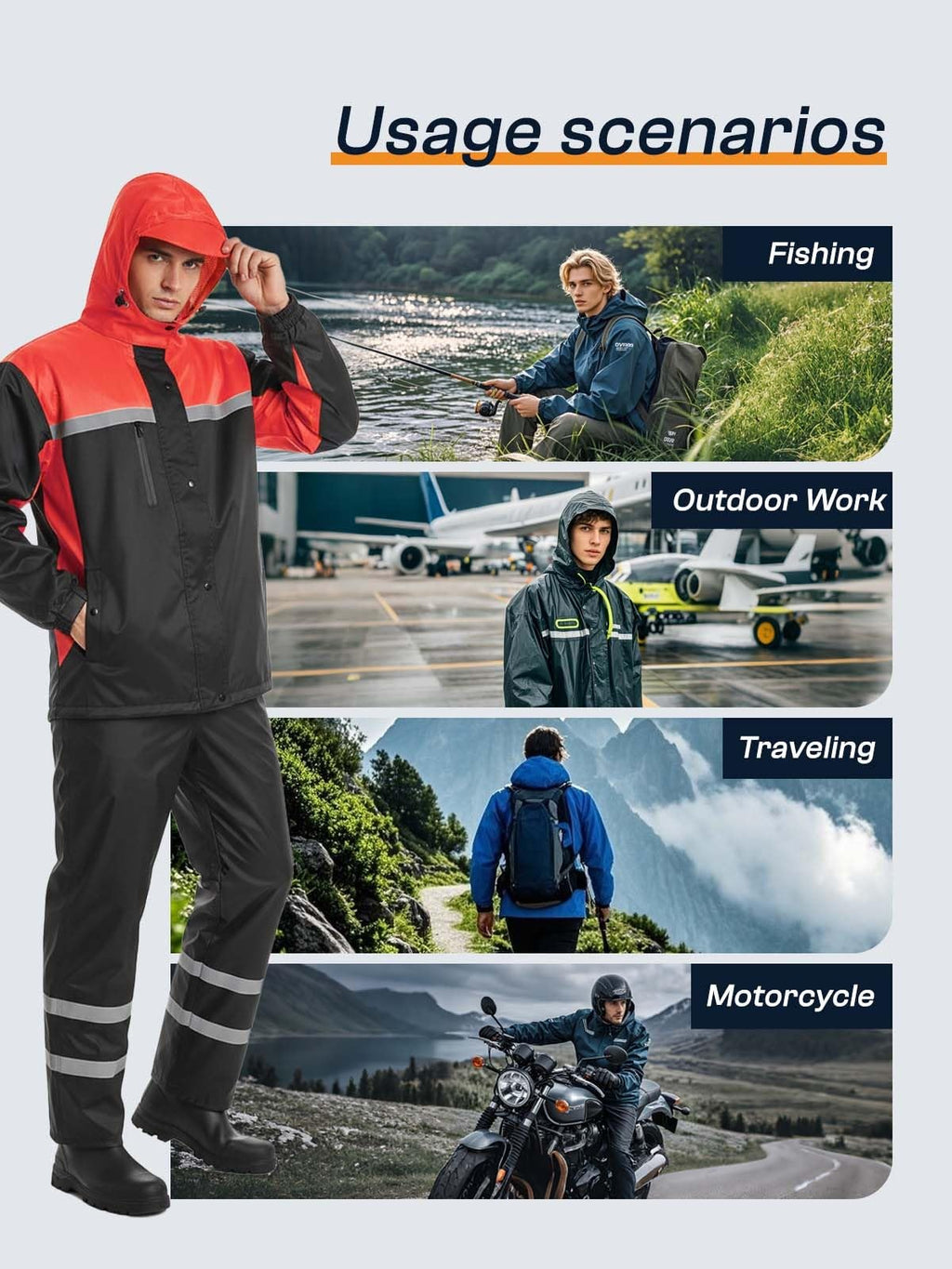 Men's Rain Suit High Visibility Reflective Work Rain Jacket Pants for All Sport Farm Fishing Motorcycle