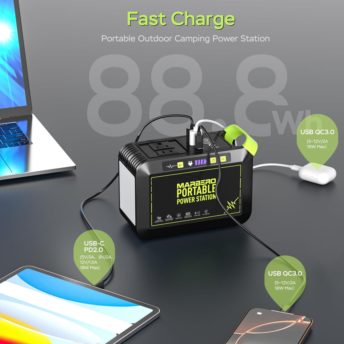 MARBERO Portable Power Station 88Wh, 120W Surge, Solar Generator 24,000mAh