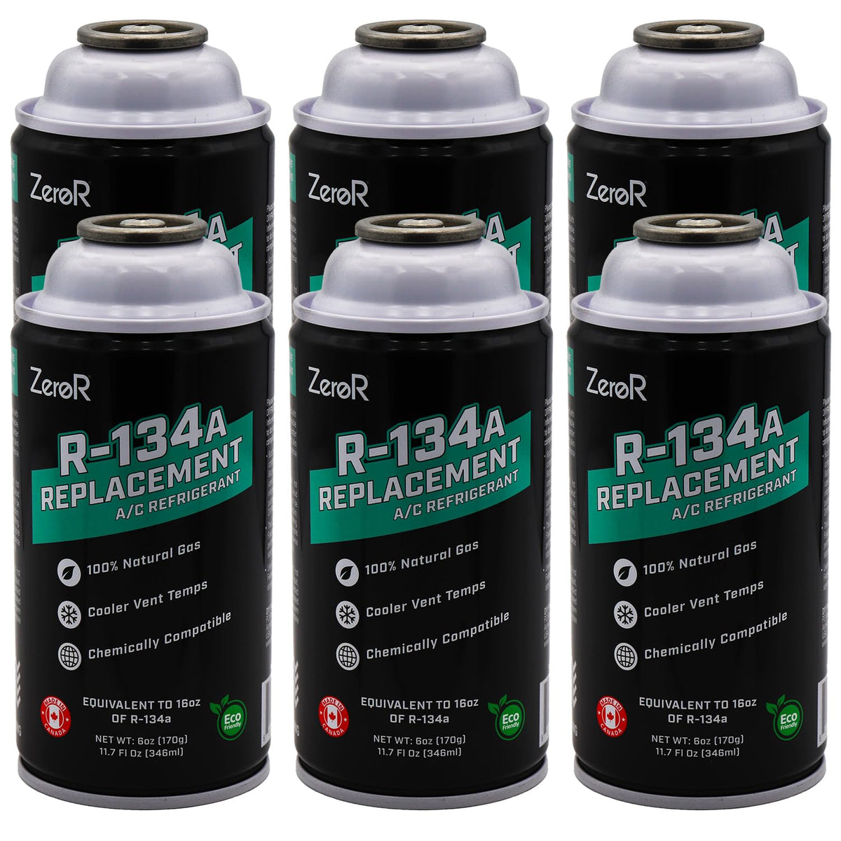 ZeroR AC Refrigerant R134a Replacement - Eco-Friendly, 100% Natural Hydrocarbon Gas - Compatible and Easy to Install with R134a A/C Recharge Systems - 3 Cans (6oz Each)