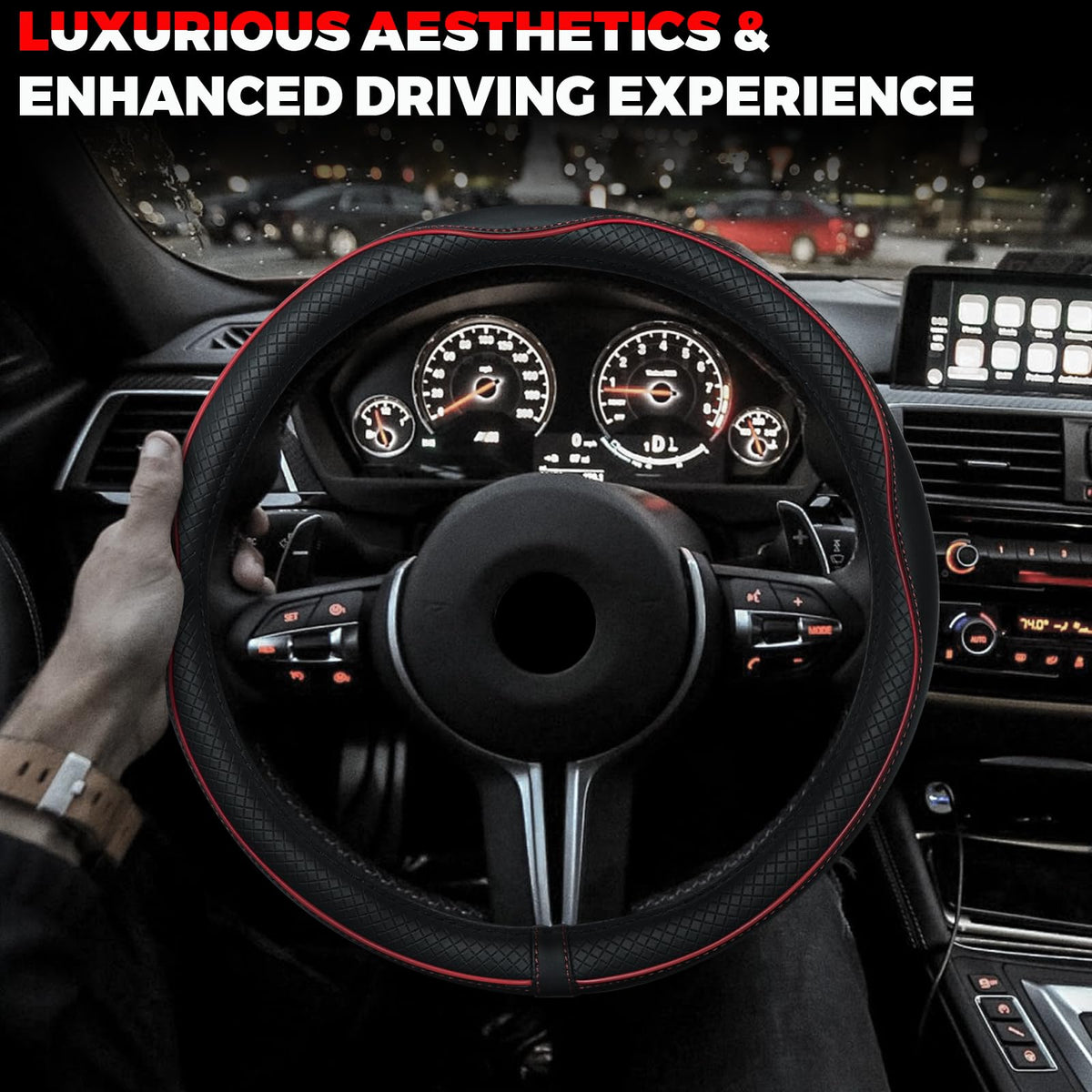 Ouzorp Car Steering Wheel Cover, Microfiber Leather Steering Wheel Covers with Anti-Slip Lining, Universal 14.5-15 inchs Black