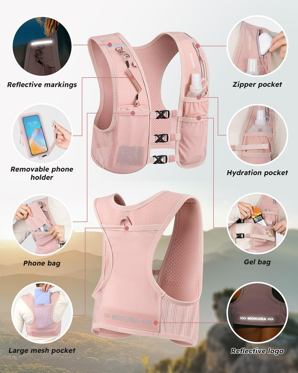 MOKURA Running Vest for Women Men with 500ML Soft Flask & Phone Holder