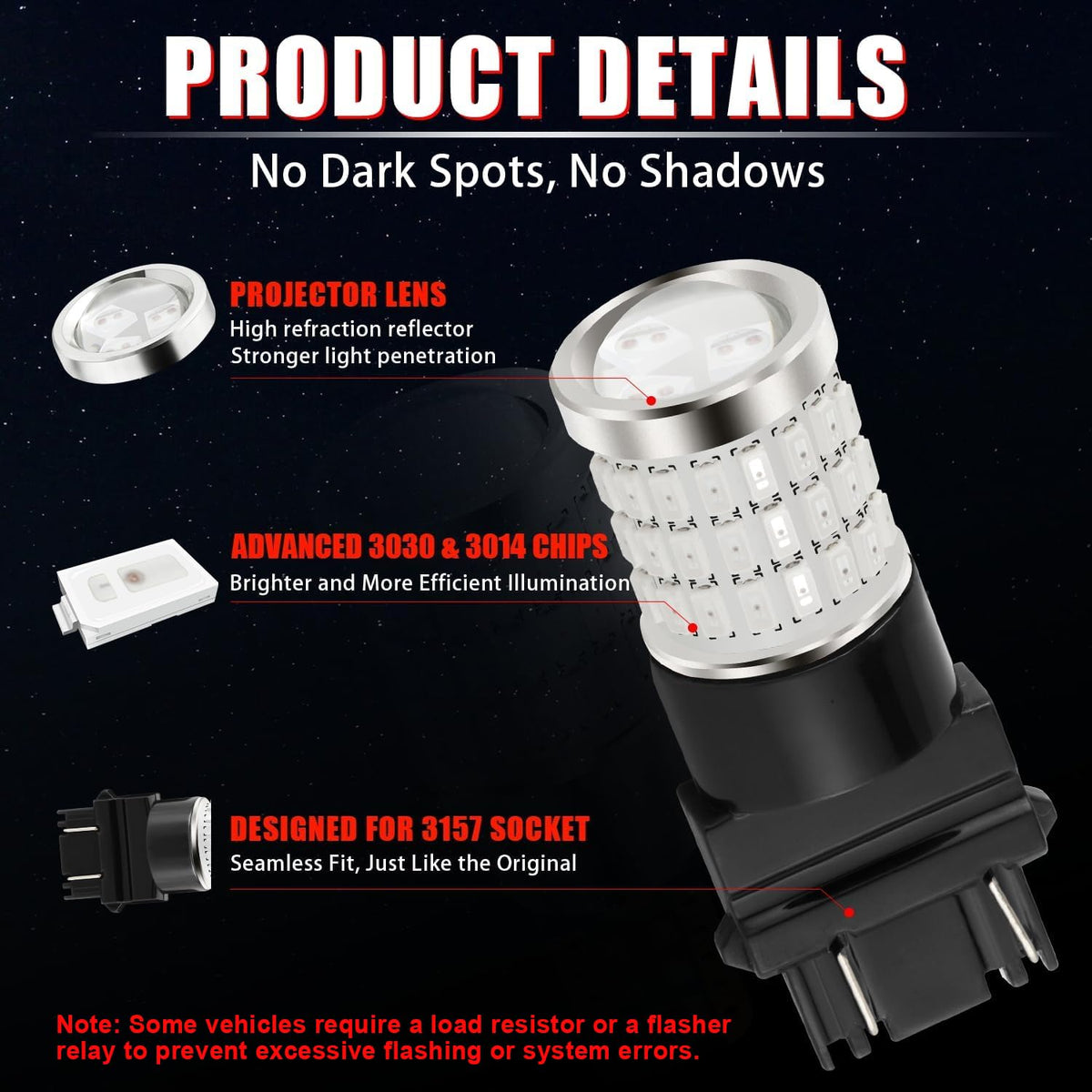 iBrightstar 3157 LED Bulb White, 4157 3156 LED Reverse Light Bulbs Super Bright for Tail Brake Lights Backup Lights Turn Signal Lights, 2 Pack