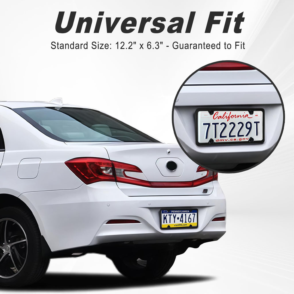 2 Pack Black License Plate Frames - Heavy Duty Stainless Steel Car License Plate Frame with 4 Holes, Rattle Proof Rustproof with Mounting Screws & Caps for Front Rear Cars