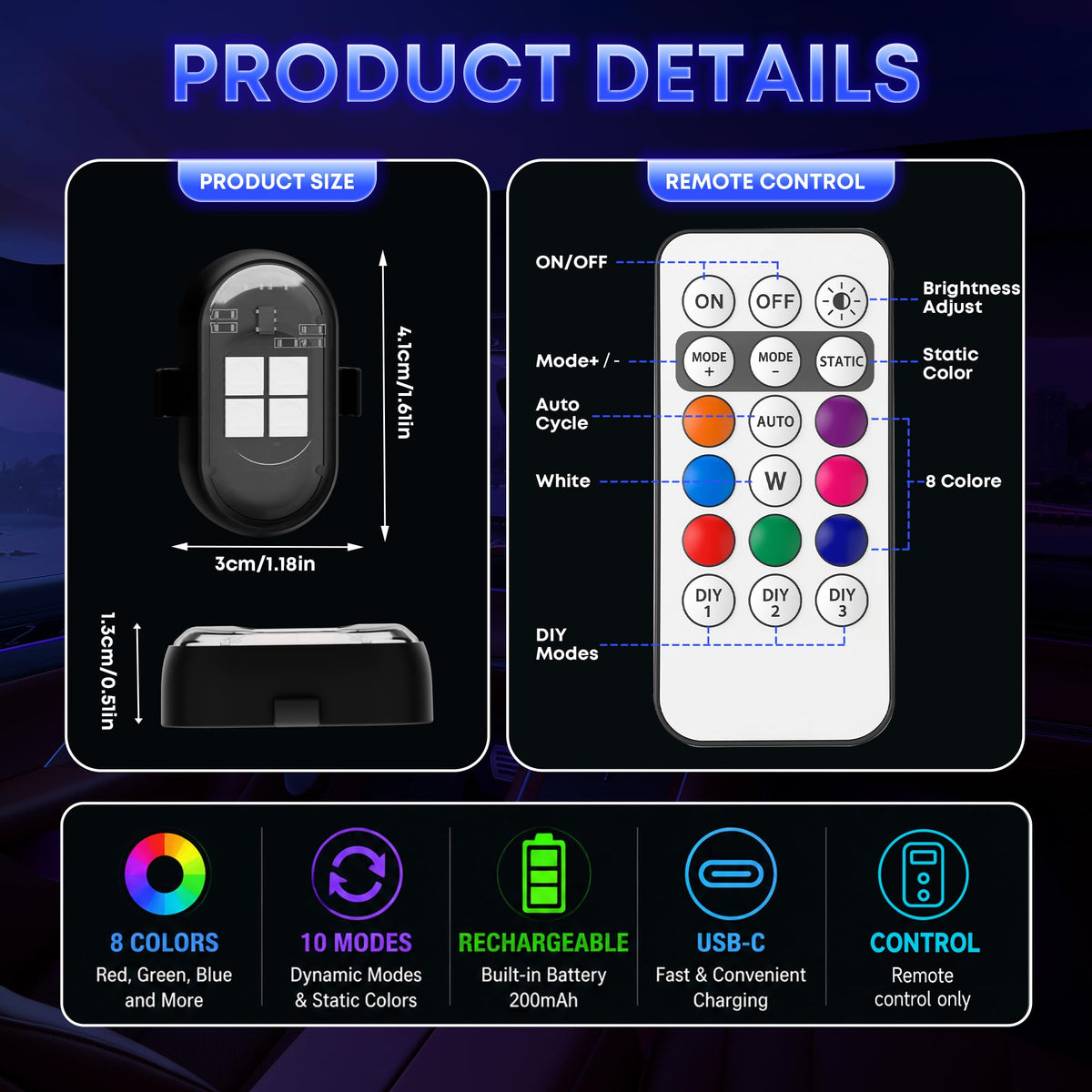 Wireless LED Lights for Car, Rechargeable Interior Car Lights