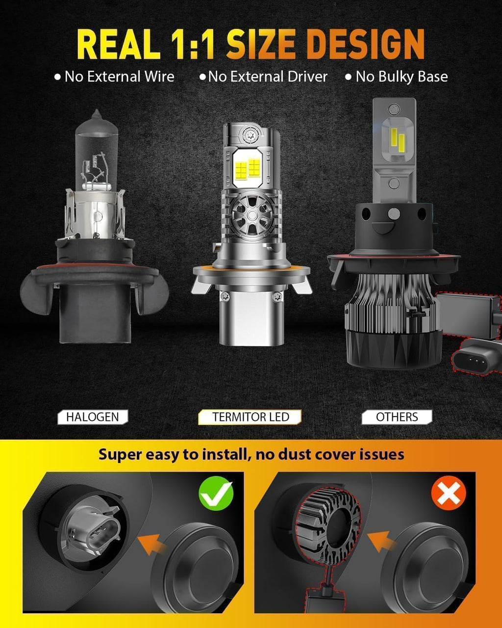 Termitor Laest H4/9003 HB2 Exterior Light Bulbs for Off-road, 15X Brighter 90,000LM, 85K+ hrs, 6500K Cool White, IP68 Waterproof, 1:1 OEM Size, 3 Minute Installation, Pack of 2
