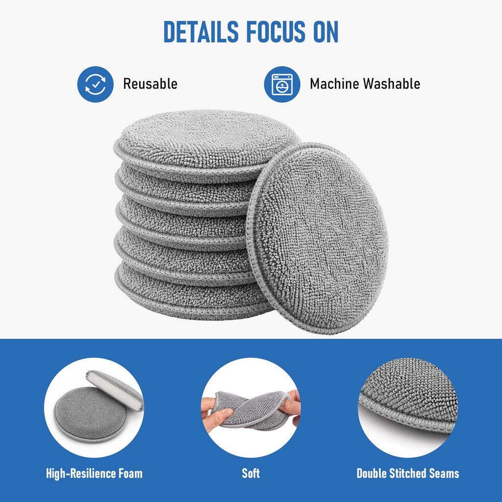 FONAROLL Microfiber Wax Applicator Pads, Car Wax Applicator, Buffing & Detail Polishing Foam Pads for Car Cleaning and Fine Polishing (5" Diameter, 6 Pack)…