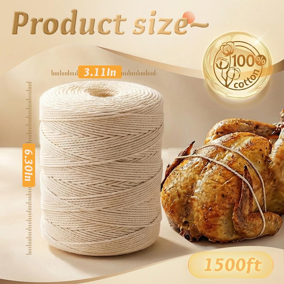 SMART&CASUAL 700 Feet 100% Cotton Butcher Twine String 2mm Food-Grade Cooking Twine for Kitchen Roasting Turkey Sausage Meat Prep Baking Crafts Crocheting Gift Wrapping Gardening