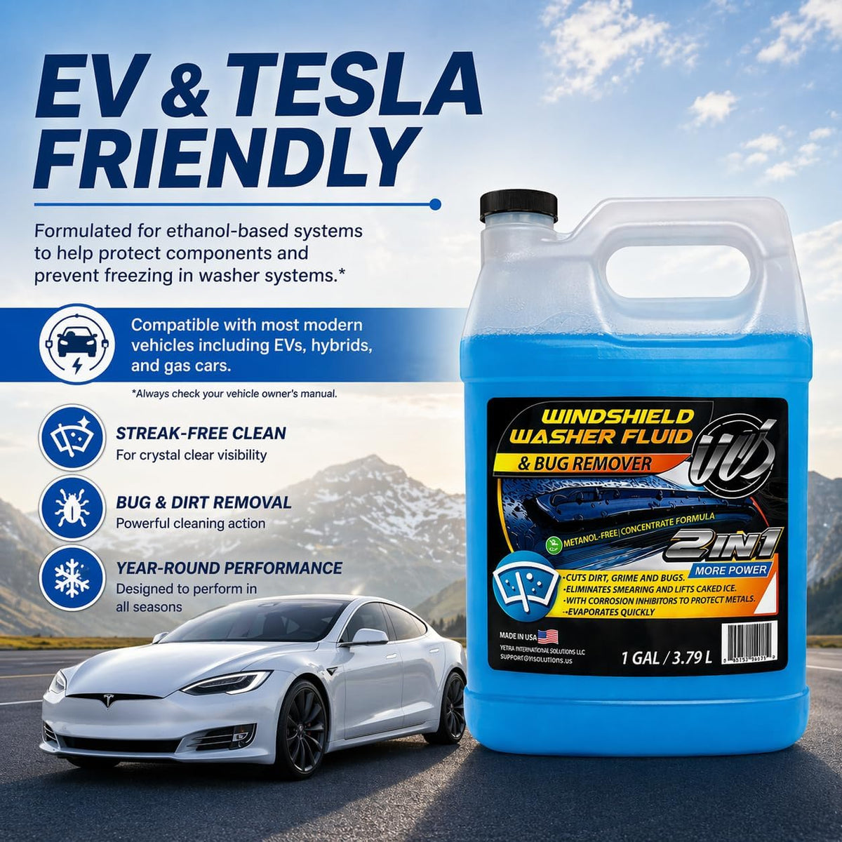 UCS Windshield Washer Fluid 2-in-1 Bug Remover, 1 Gallon (128 fl oz) | Ready-to-Use Formula Removes Bugs, Dirt & Road Grime for Clear, Streak-Free Glass – Methanol-Free