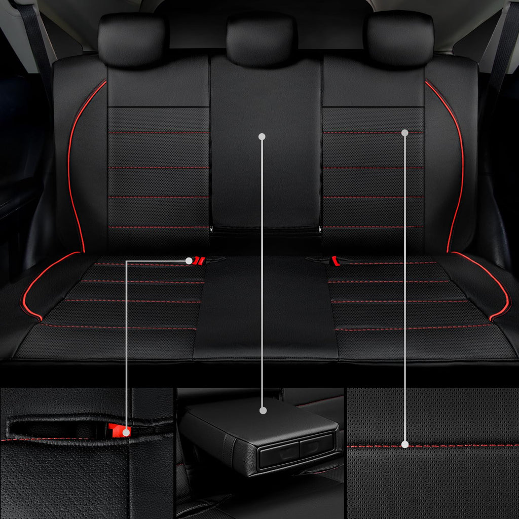 CAR PASS Universal FIT Piping Leather Two Front Seat Covers, Waterproof Faux Leather for SUV Sedan Van Truck, Airbag Compatible,Reserved Opening Holes for Headrest Covers. (Black red)