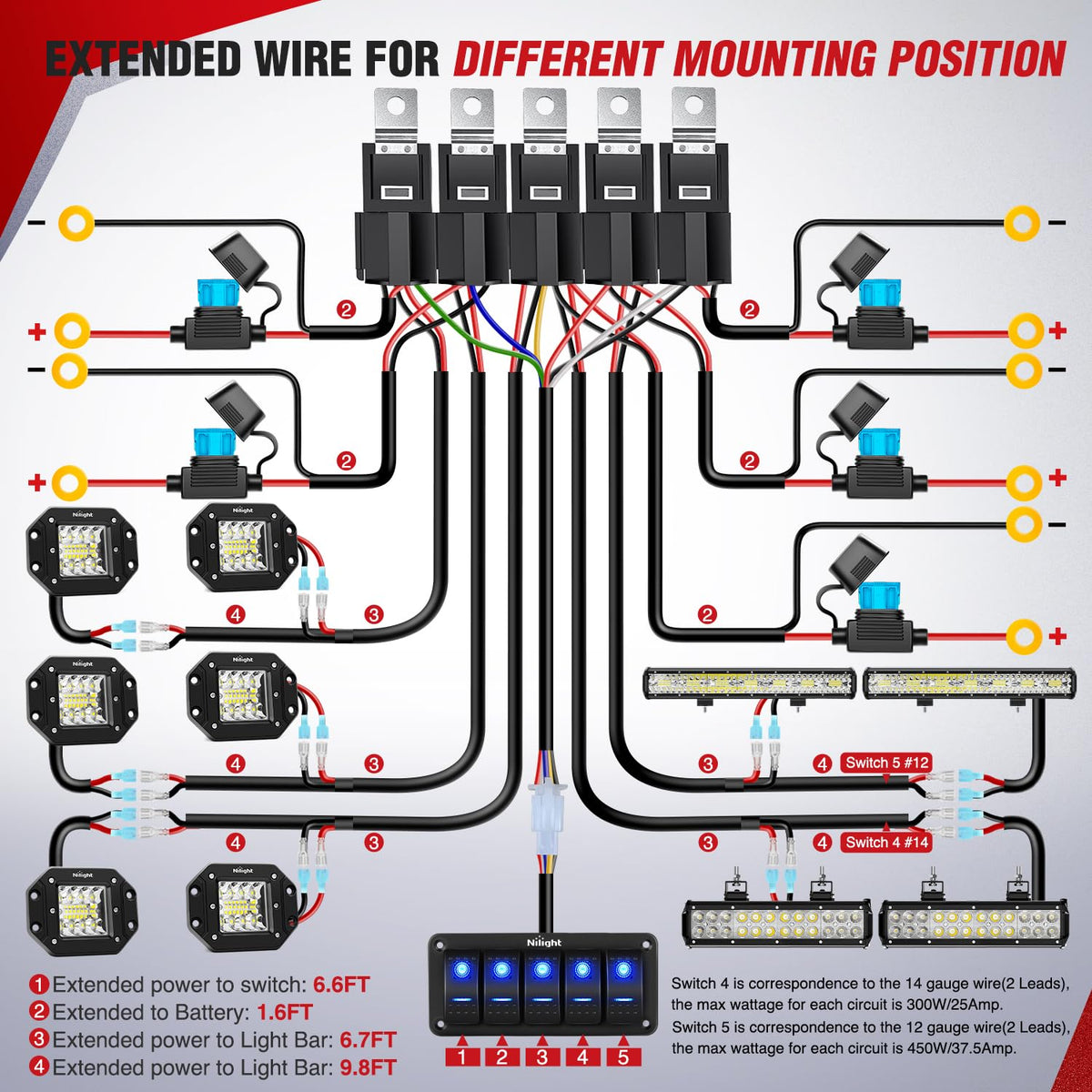 Nilight - NI -WA 06 LED Light Bar Wiring Harness Kit - 2 Leads 12V On Off Switch Power Relay Blade Fuse for Off Road Lights LED Work Light, 2 Years Warranty