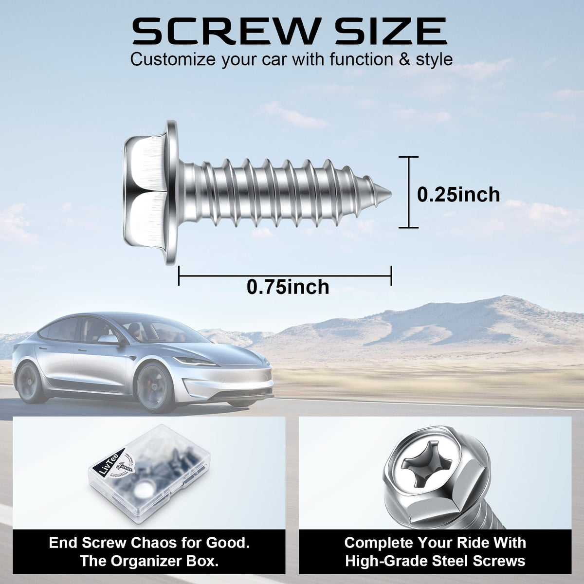 LivTee Rustproof License Plate Screws for Securing License Plates Frames and Covers on Cars and Trucks, 4 Sets Premium Stainless Steel Self Tapping Mounting Bolts (Black Zinc Plated)