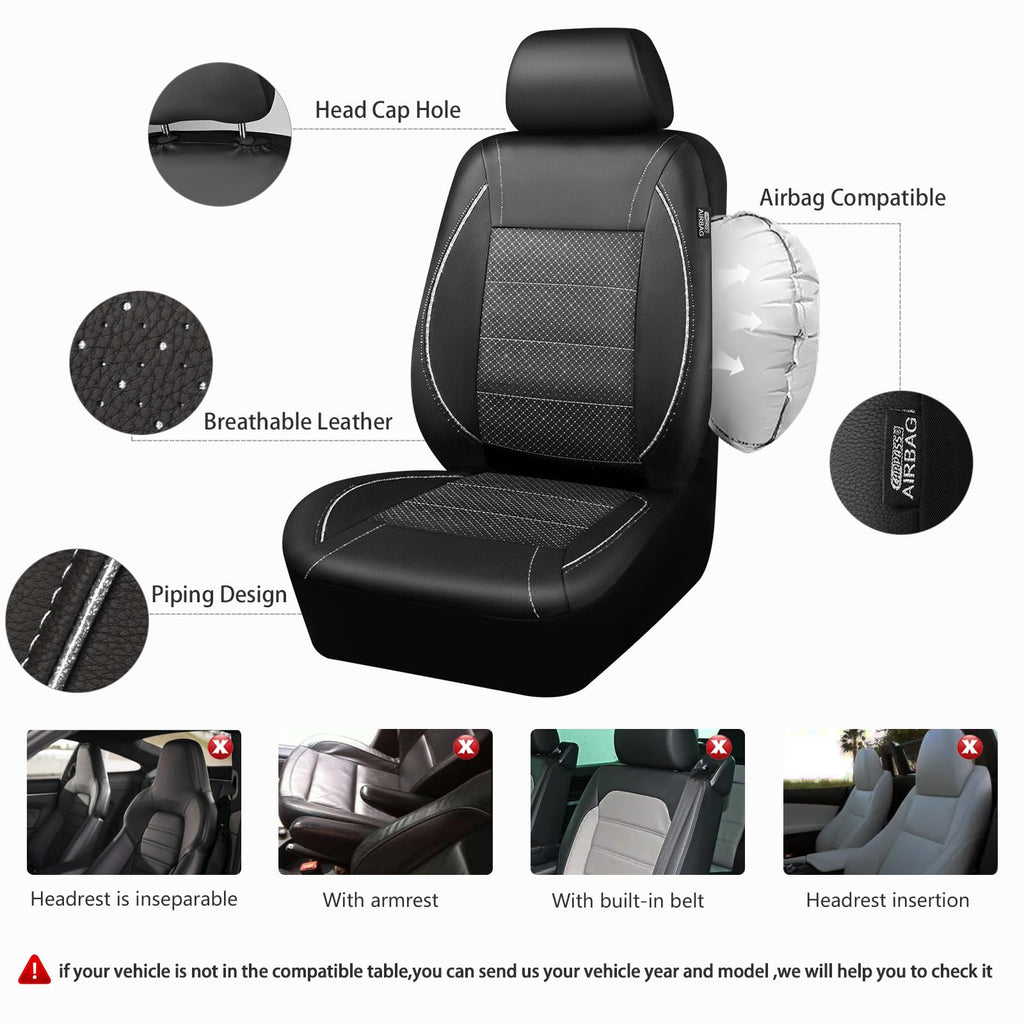 CAR PASS Universal FIT Piping Leather Two Front Seat Covers, Waterproof Faux Leather for SUV Sedan Van Truck, Airbag Compatible,Reserved Opening Holes for Headrest Covers. (Black red)