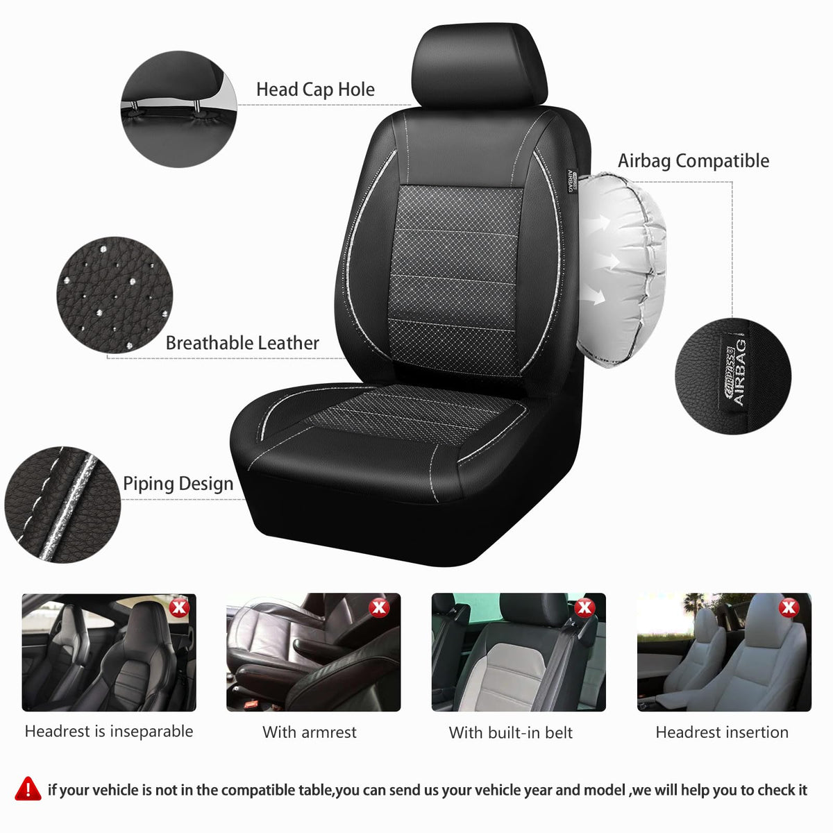 CAR PASS Universal FIT Piping Leather Two Front Seat Covers, Waterproof Faux Leather for SUV Sedan Van Truck, Airbag Compatible,Reserved Opening Holes for Headrest Covers. (Black red)