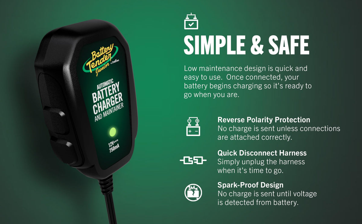 Battery Tender Junior 12V, 750mA Charger and Maintainer: Automatic 12V Powersports for Motorcycle, ATVs, and More - Smarter Than a Trickle Charger - 021-0123