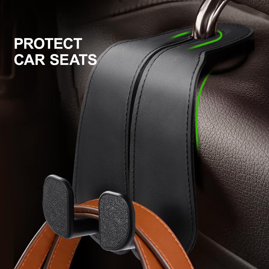 CoBak Purse Hook for Car - Universal Premium Stitched Leather and Aluminum-Magnesium Alloy Double Car Seat Back Storage Hook for Purses, Handbags, Bags (2 Pack),Black
