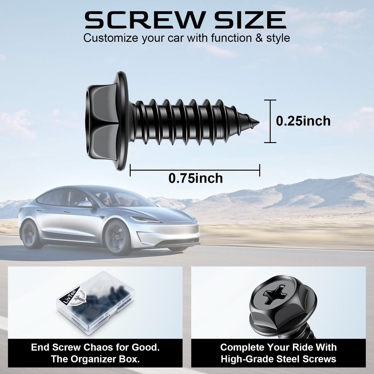LivTee Rustproof License Plate Screws for Securing License Plates Frames and Covers on Cars and Trucks, 4 Sets Premium Stainless Steel Self Tapping Mounting Bolts (Black Zinc Plated)
