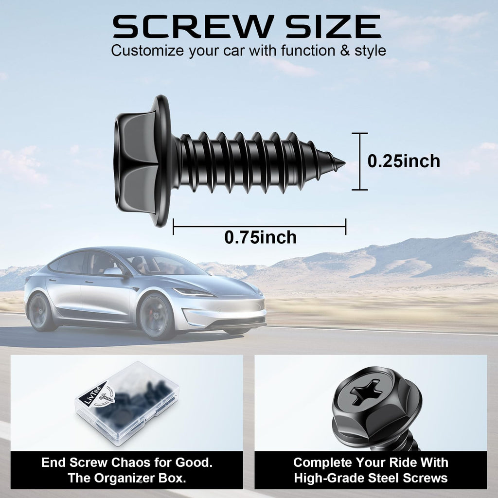 LivTee Rustproof License Plate Screws for Securing License Plates Frames and Covers on Cars and Trucks, 4 Sets Premium Stainless Steel Self Tapping Mounting Bolts (Black Zinc Plated)