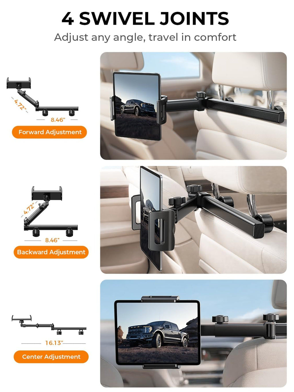 LISEN iPad Holder for Car Tablet Mount, 4 in 1 Adjust Arm Back Seat Stand
