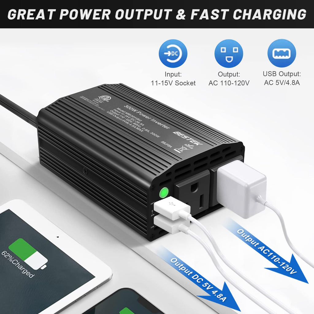 BESTEK Power Inverter DC 12-17V to AC 110V - 300W Car Plug Adapter Outlet