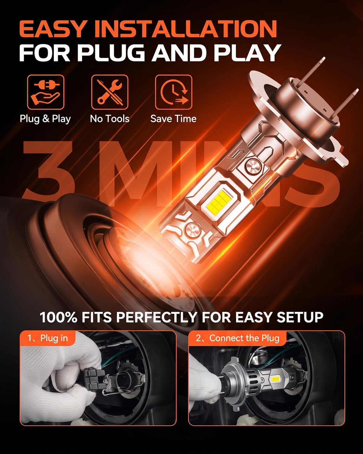 SEALIGHT H11/H9/H8 LED Bulb, 1200% Super Brighter, 6500K White Built-in Driver, 70000Hrs Lifespan with 25000RPM Cooling Fan, IP68 Waterproof, 2 Pack